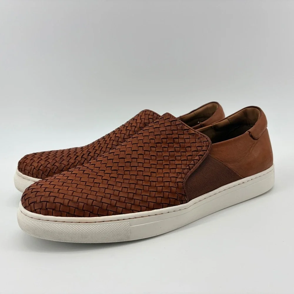 Trask Riley Tan Woven Leather Slip On Sneaker 10.5 M Brown Braided Mens 30-1966
